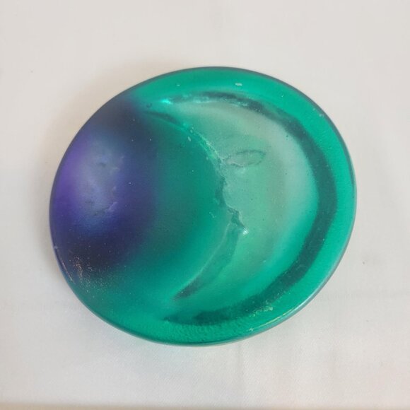 Vintage Moon Face w/Stars Blue & Teal Glass Paperweight Suncatcher Art 4" - Picture 2 of 4